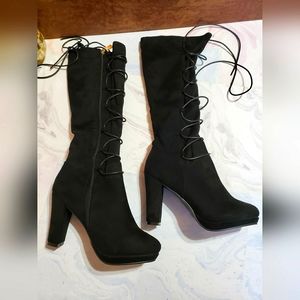 Bella Marie Black Front Lace Up High Heel Boots Size 7.5